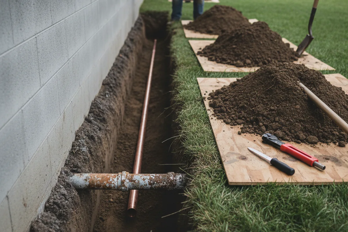 Excavated water line trench during Sewer Line Repair in Dalton
